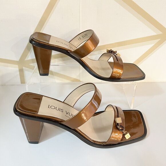 Louis Vuitton Patent Leather Brown Slip On Tassels Sandals Block Heels SZ 36.5 - Picture 3 of 15